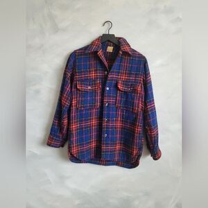 1950s Great Western All Wool Plaid Button Up Long Sleeve Shirt Size 14.5 FLAWS